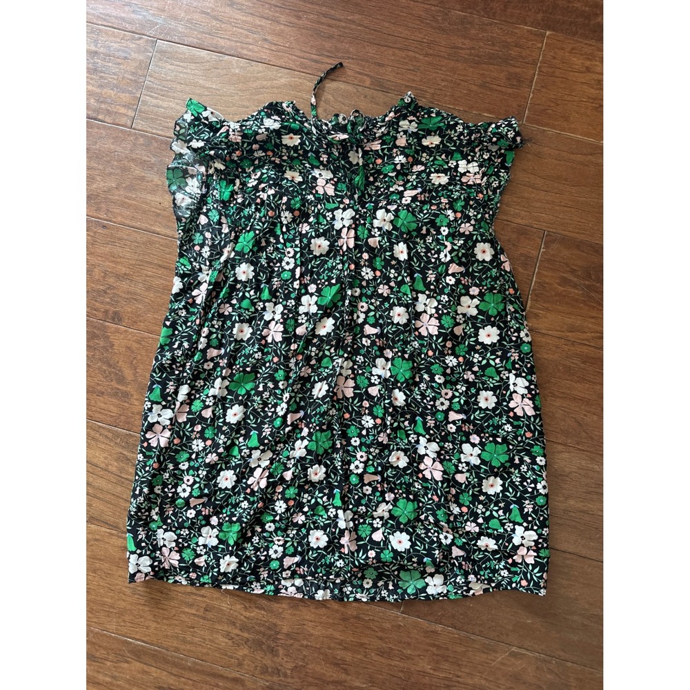 Talbots Womens Floral Ruffle Neck Sleeveless Blouse Black Green Viscose Large